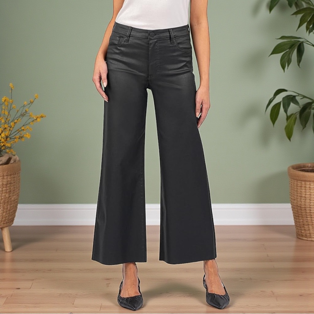 KUT FROM THE KLOTH Meg Wide Leg Raw Hem Coated Jean in Black Faux Leather 14